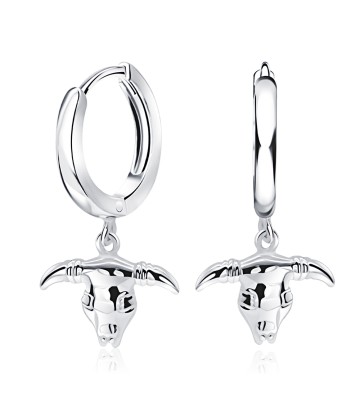 Gaur Skull Hang Shaped Silver Hoop Earring HO-2524